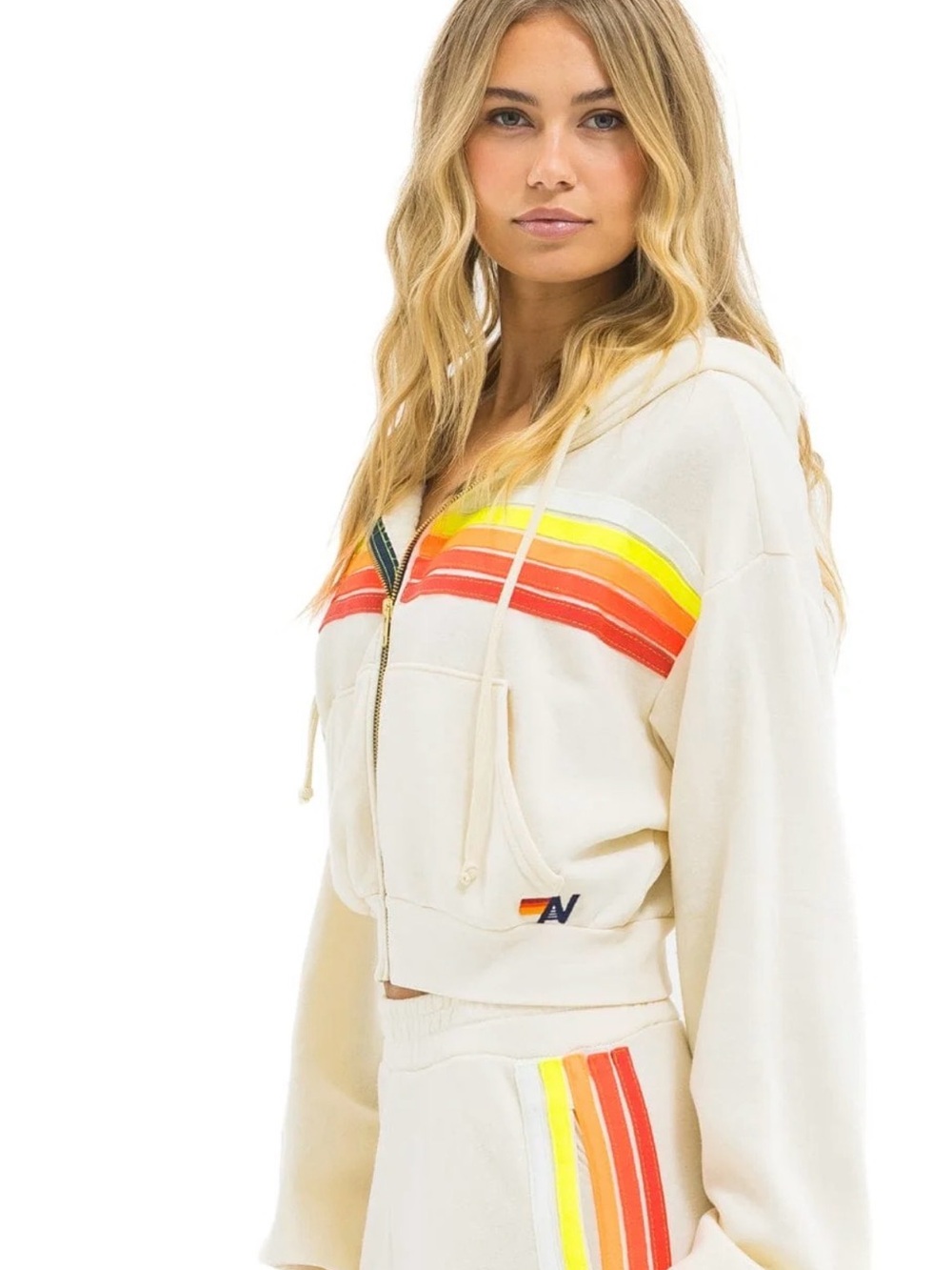 Aviator Nation Cream Zip Hoodie with Yellow, Orange and Red Stripes